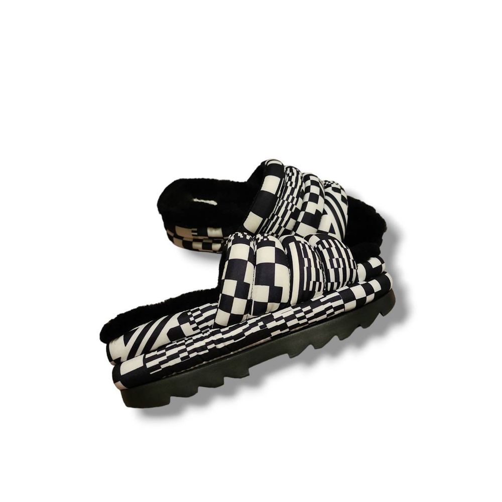UGG black and white checker slip ons furry slip on platform sandals women's size
